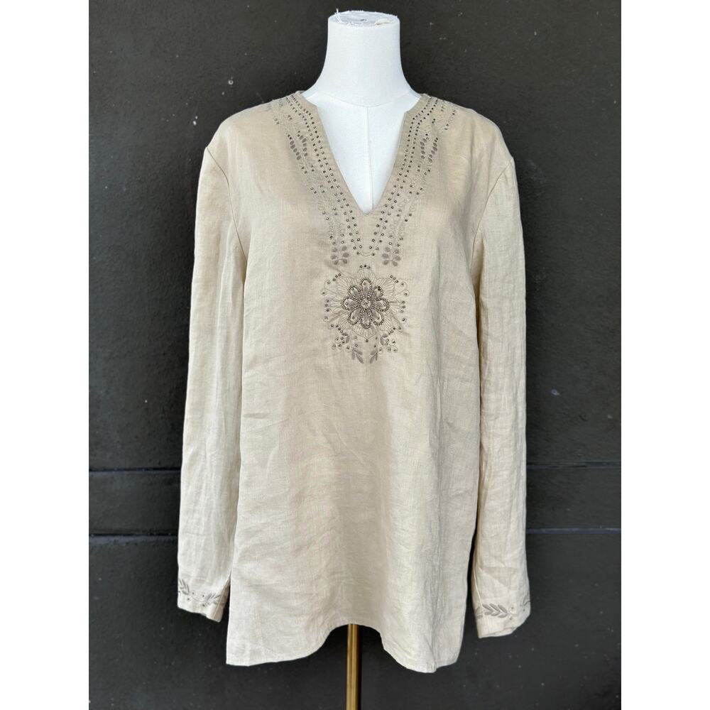 NWT Josephine Chaus XL 100% Linen Beige Embroidered Beading Tunic Top Lagenlook